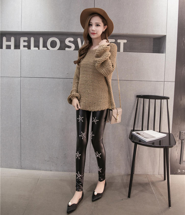 SZ60085 Women Trendy Studded Lace Rivet Leggings Thermal Faux Leather Pants